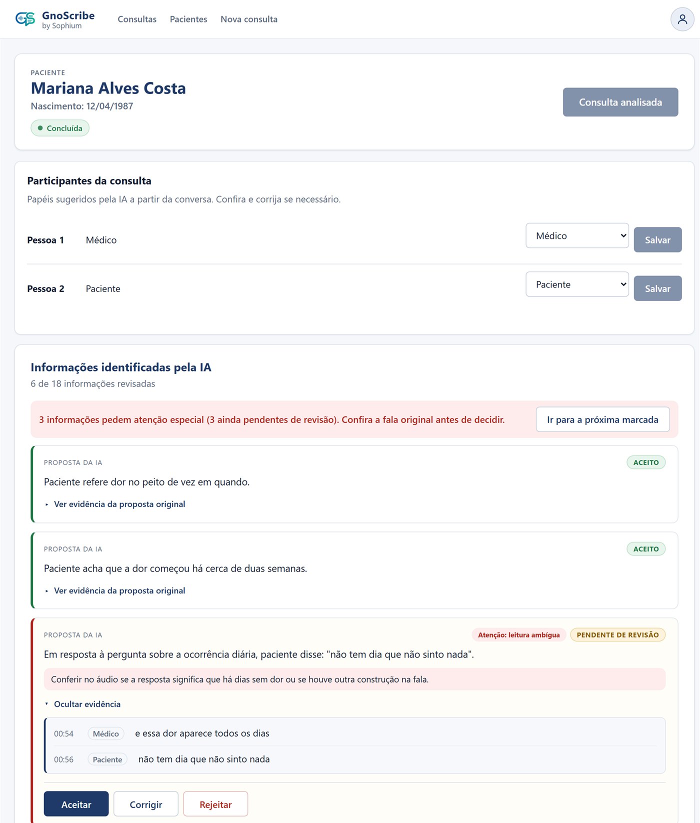Tela de revisão do GnoScribe com dados fictícios